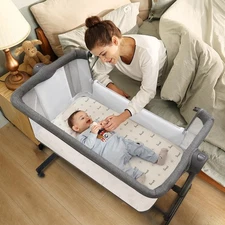 Li’l Pengyu Baby Bassinet Bedside Sleeper - Adjustable Crib All Mesh - Gray