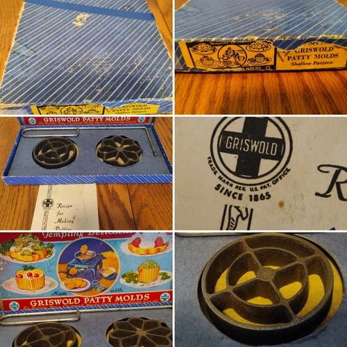 Vintage Griswold Cast Iron 2 Patty Mold Set In Original Box, One Handle