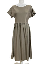 UNIQLO Midi Dress Women Size M Beige Taupe Cotton Blend Pocket Casual Minimalist