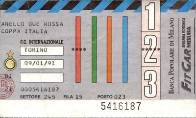 F.C. Stadium Ticket Internazionale vs Torino Coppa Italia 1991