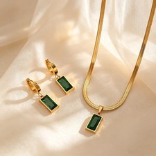 Elegant Bridal Stainless Steel Necklace  Earrings Set Green Square Crystal