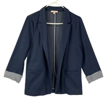 Skies Are Blue Women Navy Blue Open Blazer Jacket 3/4 Sleeve Size L