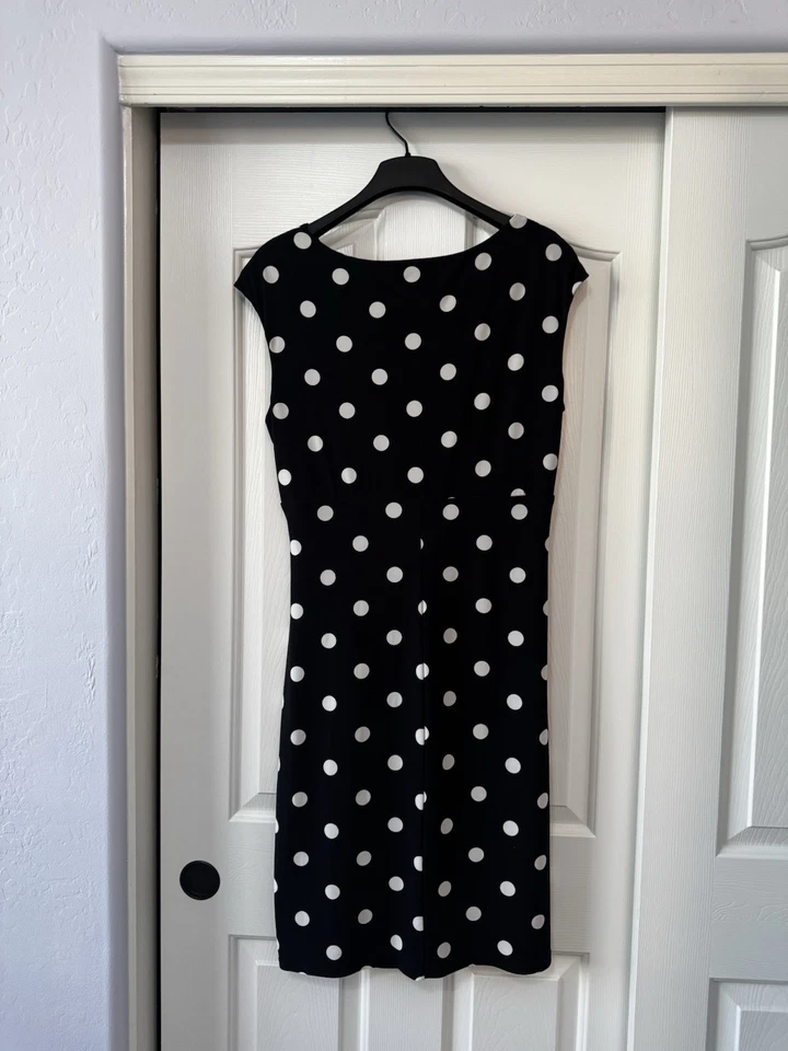 Vestido Lauren Ralph Lauren Talla 16 Negro Blanco Lunares Imitación Envoltura Clásico Preppy Foto 2 de 4