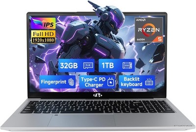 NIMO 15.6 Laptop, AMD Ryzen 5 6600H, 32GB DDR5 RAM 1TB SSD Backlit Keyboard