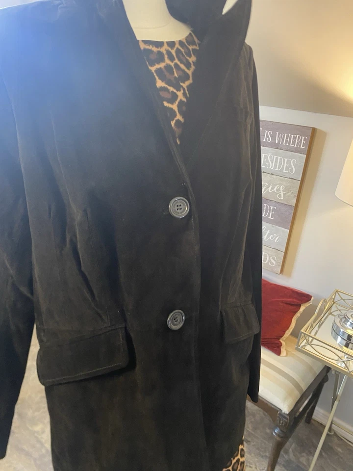 Dennis Basso Black Suede Black Leather Two Button Blazer / Jacket Good Size L - Image 4 of 4