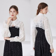 Women Lace Trim Half Blouse Open Front Cropped Jackets Long Sleeve Boleros Shrug