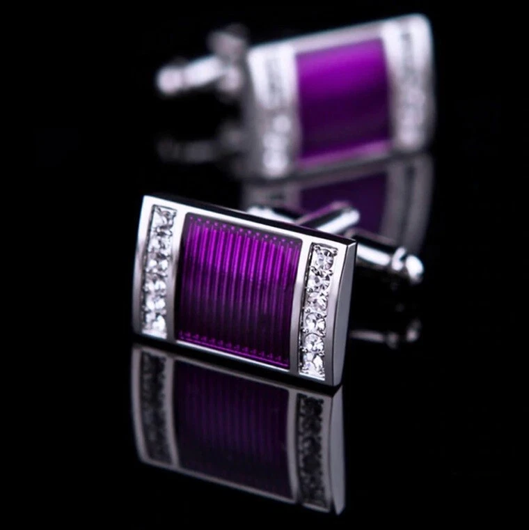 Gemelos de boda con cara rectangular para hombre con zafiro blanco de 1,5 quilates y esmalte púrpura Foto 2 de 4