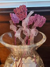 NEW SET OF 4 I LOVE YOU VALENTINE GLITTER PICKS FOR PLANTS FLORALS BRIGHT PINK