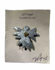 Vtg Silver Tone Angel Heart Star Pin Folk Art Joy Metal Corrugated Christmas