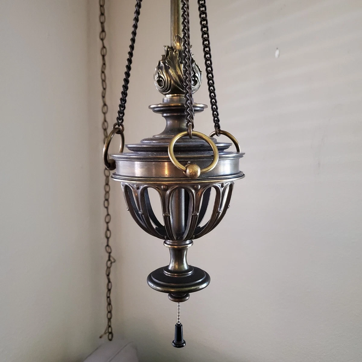 Vtg Mid Century Stiffel Brass Flame Design Hanging Swag Lamp