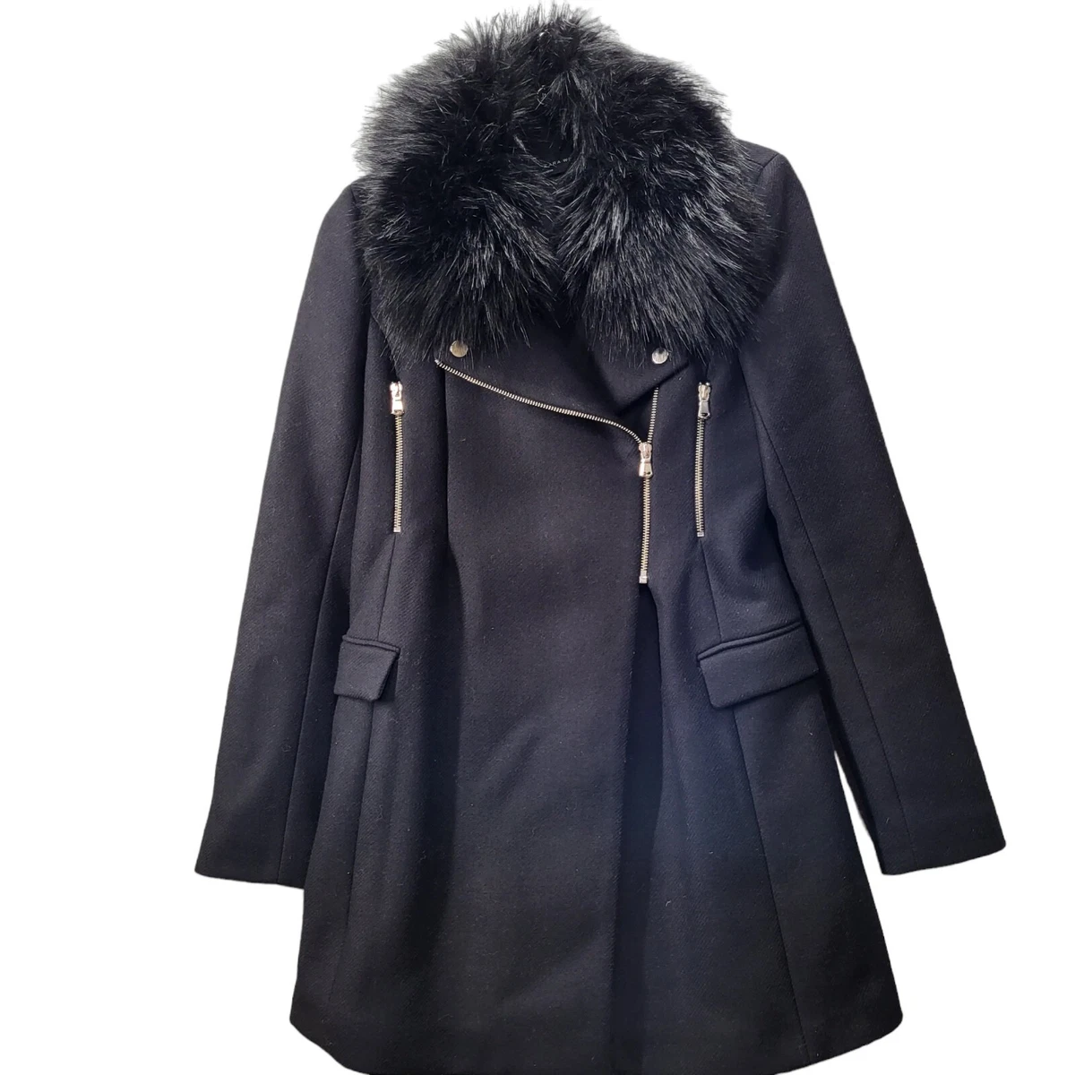 Zara Womens Coat Black S Wool Faux Fur Collar Asymmetrical Zipper Big Pockets