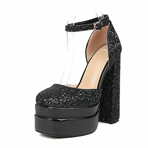 Women's High Heels Double Platform Chunky Heel Wedding Shoes hot - Picture 7 of 29
