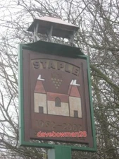 PHOTO  CLOSE-UP OF STAPLE VILLAGE SIGN  AS SEEN IN.ERECTED FOR THE QUEEN'S GOLDE