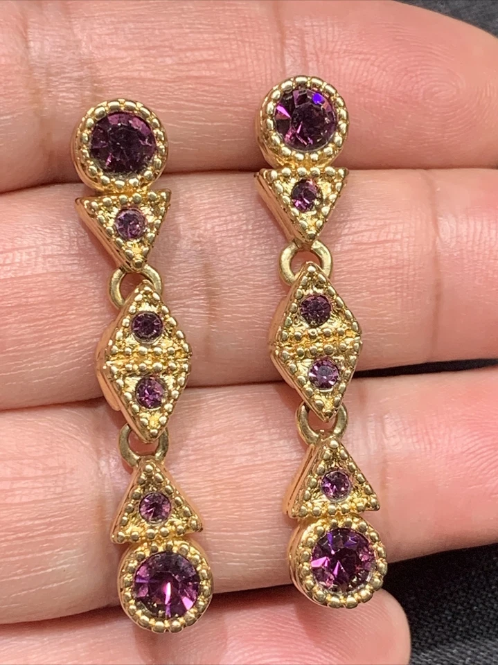 Authentic Swarovski swan Logo   glass amethyst dangle gold tone - Image 4 of 4