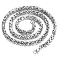 6mm Mens Chain Braided Wheat Spiga Silver Tone Stainless Steel Necklace