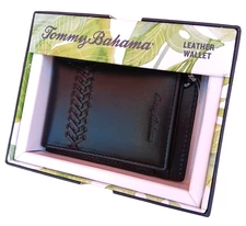 TOMMY BAHAMA Black Leather Lace Detail Bifold Wallet Magnetic Clip Close, New