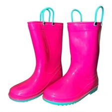 Girls Bright Pink Blue Classic Rain Boots Pull On 1.5M EUC