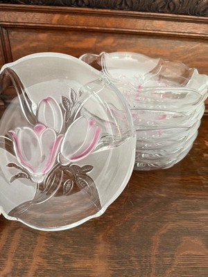 Glasax Top Line Germany Etched Crystal Plates 7.5'' Pink Tulips Set of 8 NEW