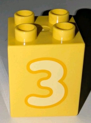 LEGO DUPLO 2X2X2 YELLOW WITH BRIGHT LIGHT YELLOW NUMBER # 3 PATTERN PART PIECE