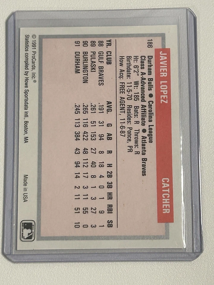 1991 ProCards Tomorrow's Heroes - Javy Lopez #186 (RC) - Image 2 of 2