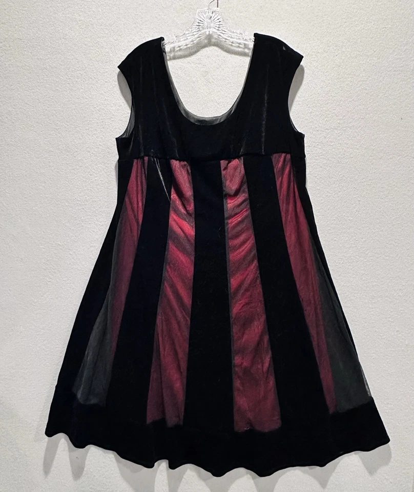 Vestido Panel Terciopelo Aplastado Vintage Talla 18 Rojo Negro Cachicho Gótico Y2K Hada Foto 2 de 4