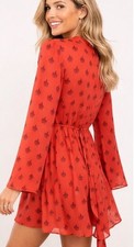 BB Dakota L Orange Rust Printed Long Sleeve Chiffon Mini Dress Tie Waist Lined B