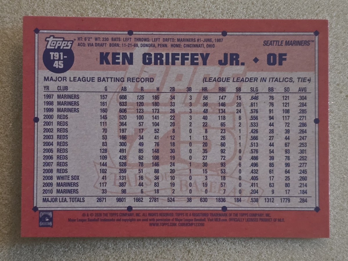 2026 Topps Series 1 KEN GRIFFEY JR 1991 Topps Baseball #T91-45