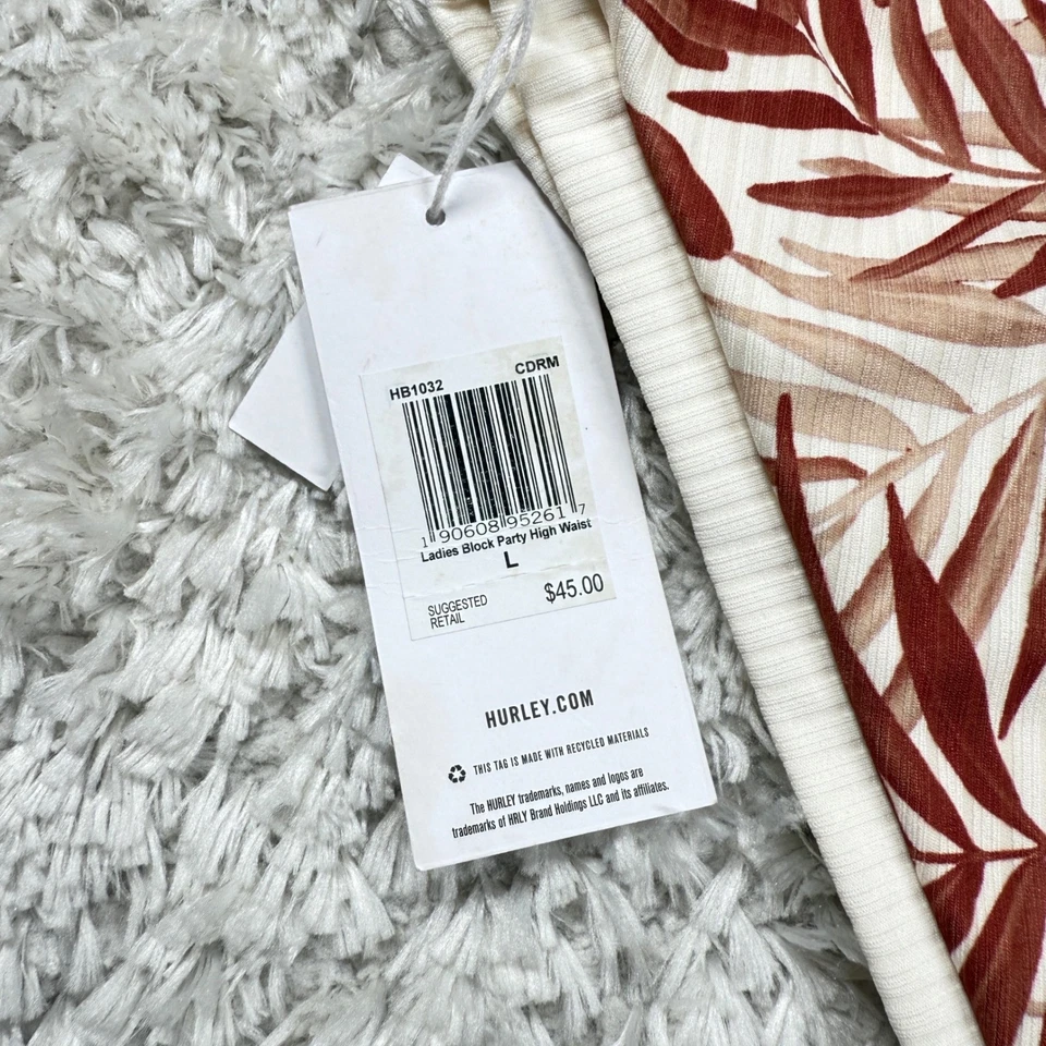 Nuevo con etiquetas Pantalones de bikini Hurley cintura alta para mujer Traje de baño con estampado de hojas grandes Piscina Foto 3 de 4