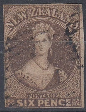 NEW ZEALAND 1862/64 QV FFQ 6d. BROWN WMK STAR IMPERF SG#42 USED (ID:061/D66078)