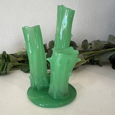RARE- Steuben? JADEITE GREEN 3 Tree Trunk Bud Flower Vase Art Glass 6 1/4