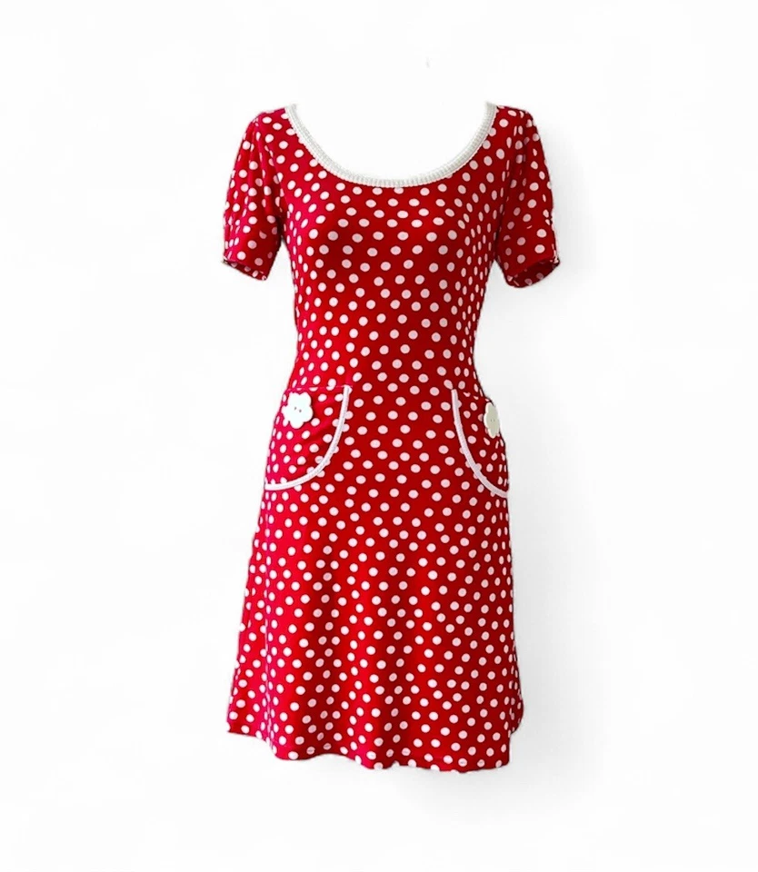 WOMEN'S/LADIES 1970’S VINTAGE CLOTHES, RED/WHITE SPOTTED MINI DRESS - Image 2 of 4