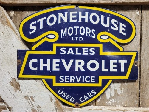 VINTAGE CHEVROLET PORCELAIN SIGN OLD STONEHOUSE MOTORS CHEVY USED CARS TRUCKS