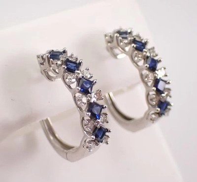 2Ct Lab Created Blue Sapphire Princess Cut Hoop Earrings 14K White Gold Plated