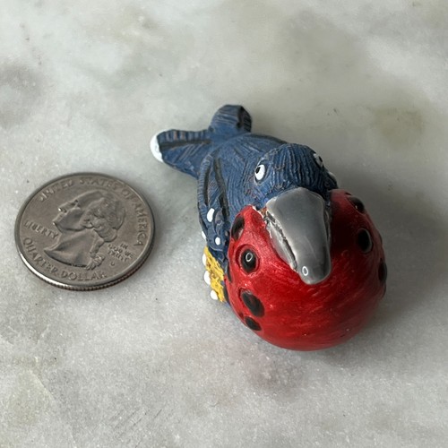 Handmade Clay Bird Figurine HL Marked Toucan Style Red Blue Folk Art Pottery 2" - Picture 3 of 7