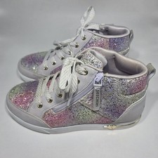 Skechers Girls Size 4.5 Glitter High Top Sneakers Side Zip Rainbow Sparkle Shoes