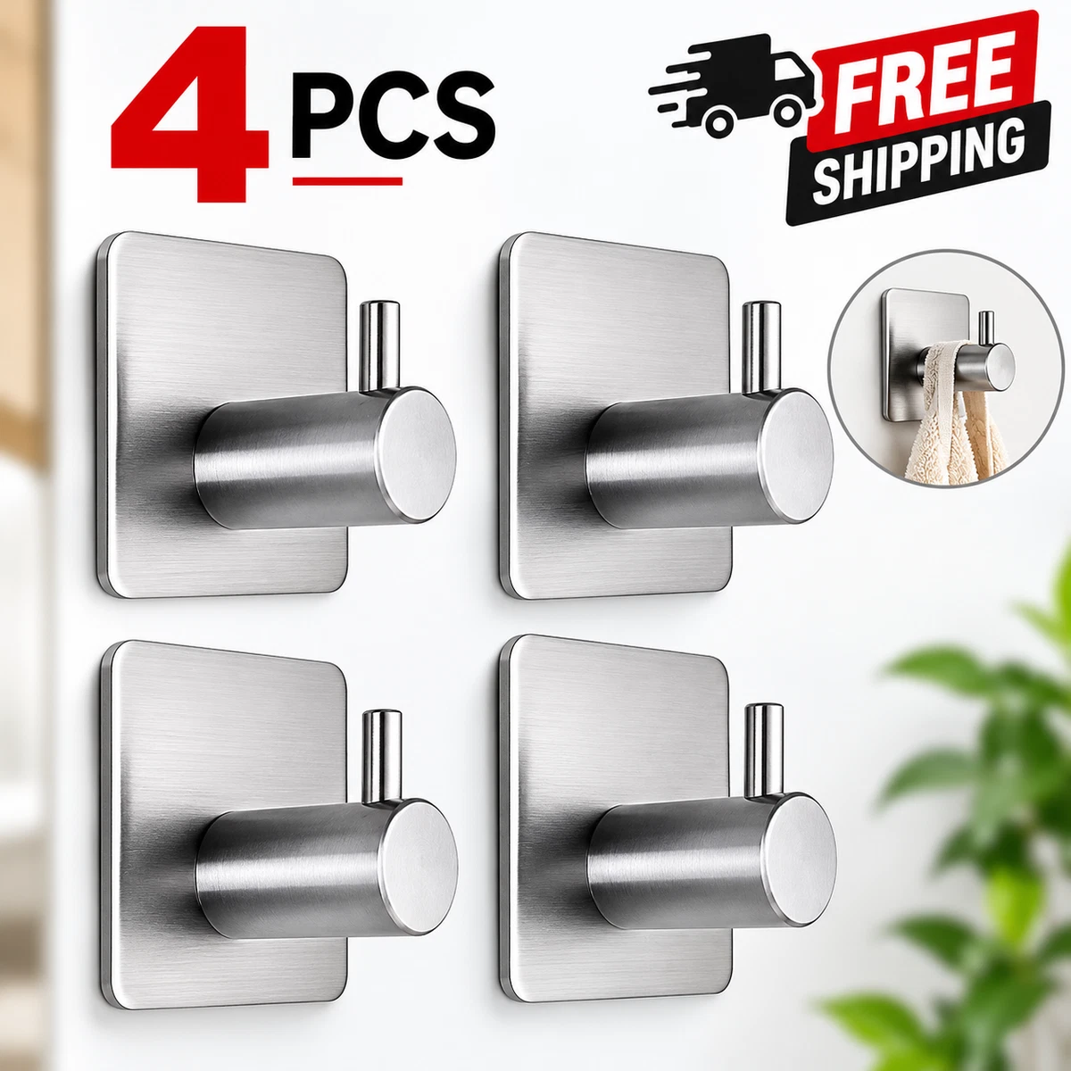 4PCS Stainless Steel Self Adhesive Wall Hooks Towel Hanger Bathroom Kitchen Coat