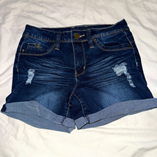 YMI WannaBettaButt Mid Rise Dark Wash Blue Denim Cuffed Shorts Juniors 1