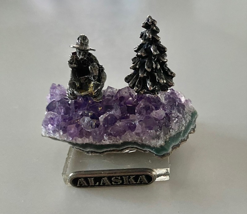 "Alaska" Pewter Figurine of Miner & Pine Tree On Amethyst Crystal Geode