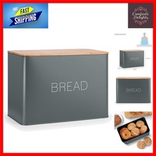 Image of Stylish Large Grey Bread Bin with Wood Lid - 33x18x23.5 cm