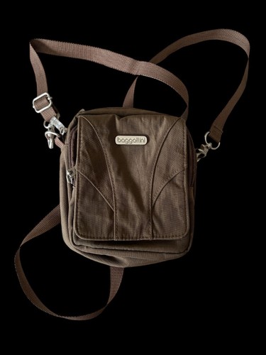 Baggallini Small Nylon Crossbody Bag Purse Brown Light Blue Interior - 第 1/10 張圖片