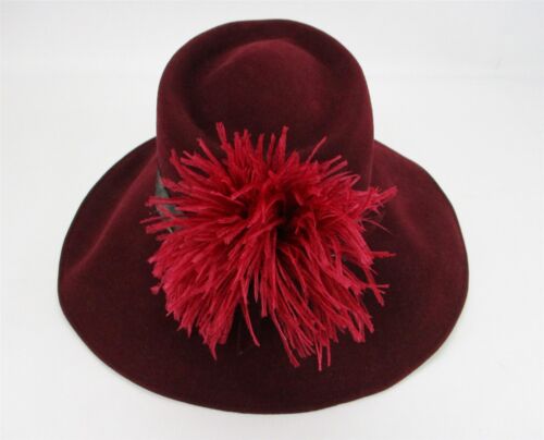 Cappello Vintage Frank Olive In Lana Excello Con Piuma Borgogna 100% Lana - Foto 2 di 7