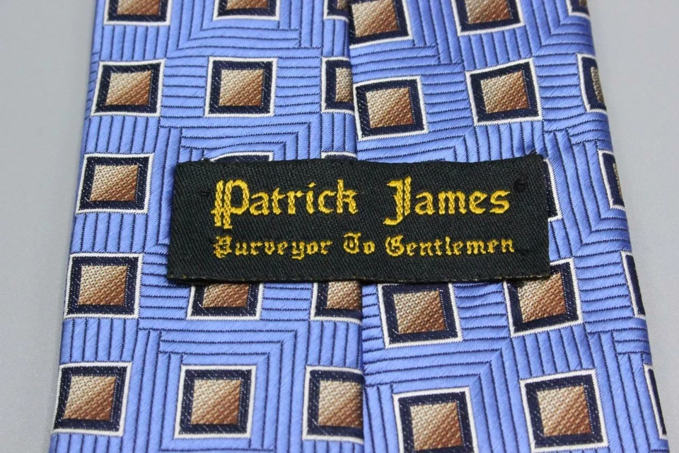 Gravata de seda Patrick James. Azul com geometria marrom. - Imagem 3 de 3