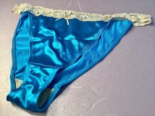 Women Panties,bikinis ILUSION Size M. Blue Sparkle Satin Soft W/Fishnet decorati