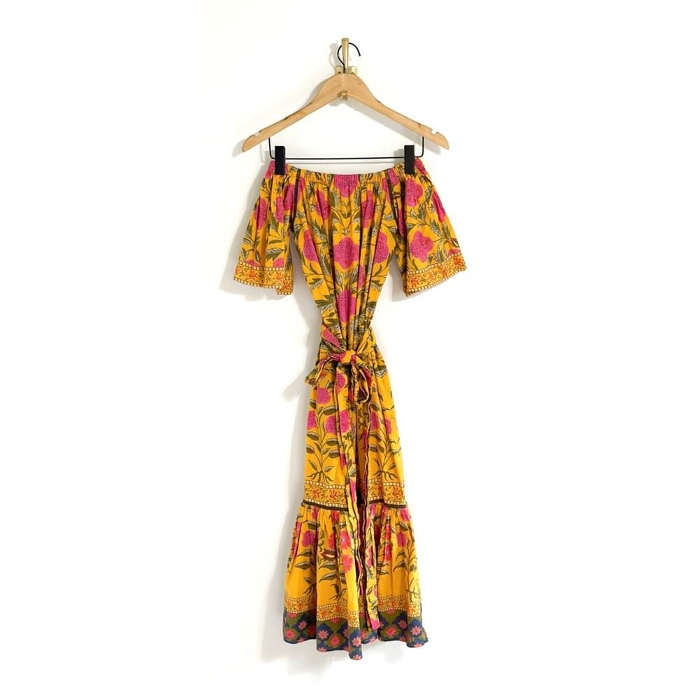 landscape guipure mustard yellow midi dress Square Neck Midi Dress, Linen Blend