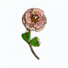 Vintage Floral Enamel Brooch Pin - Pink Carnation