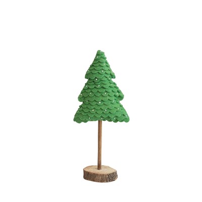 5-1/2'' Round x 13-1/2''H Handmade Wool Felt Tree w/Beads & Wood Slice Base, Green