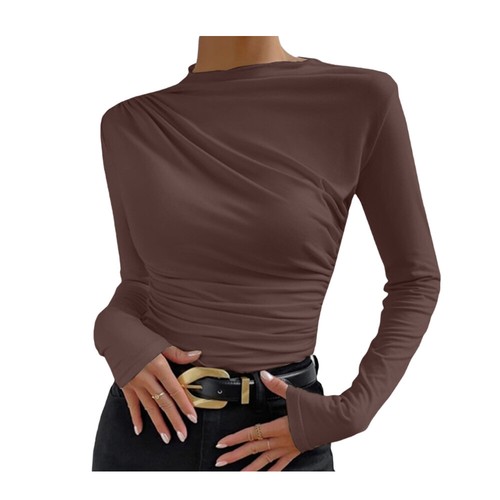 Ladies Plain Long Sleeve T-Shirt Round Neck Stretchy Slim Fit Basic Casual Top - Picture 4 of 27
