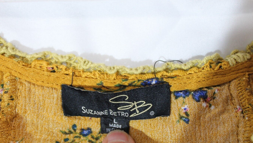 Suzanne Betro Golden Yellow Crinkle Floral Lace Tunic Top Women's L Boho - Picture 4 of 9