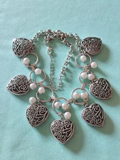 Open Work Puffy Heart Victorian Revival Style Charm Necklace 20" 