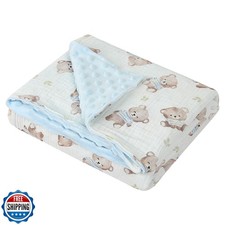 Baby Boys Girls Minky Blanket with Muslin Cotton Front and Dotted Fleece Back
